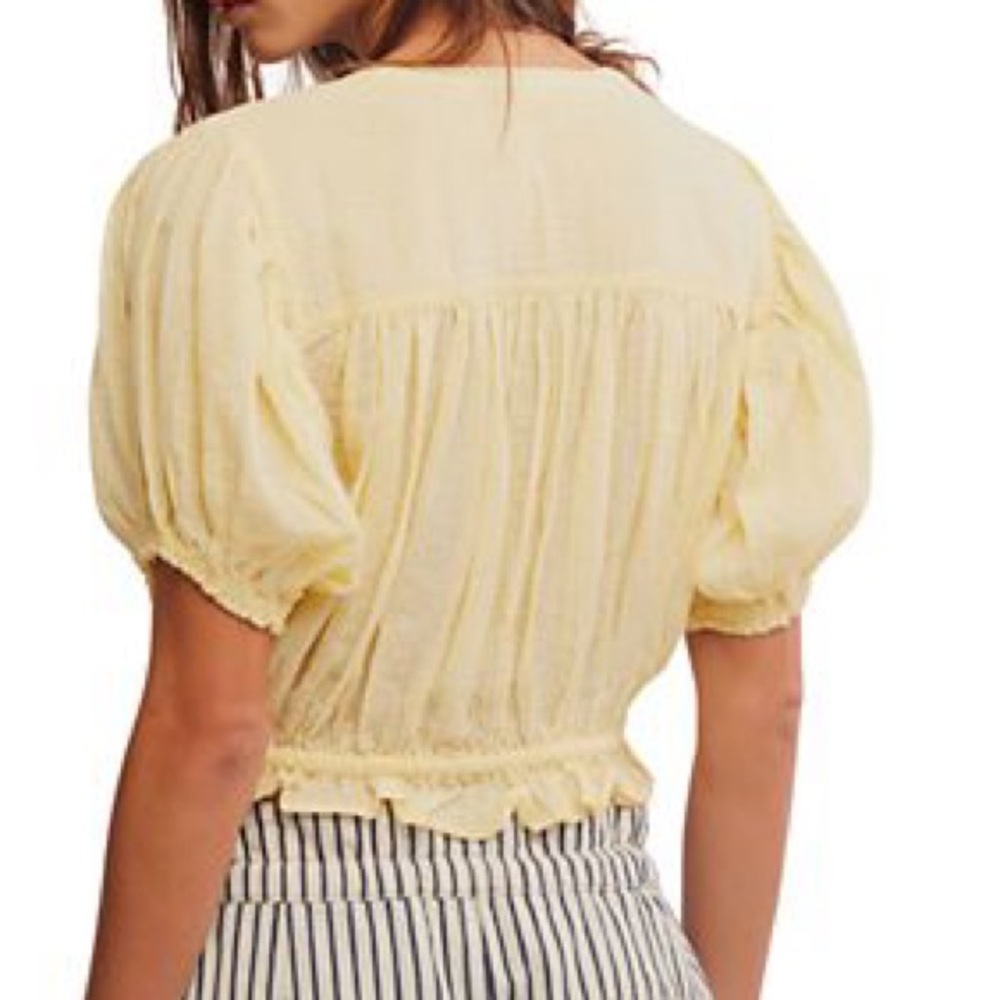 Free People Yellow Puff Sleeve Blouse with Ruffled Tie Front - Picture 2 of 7